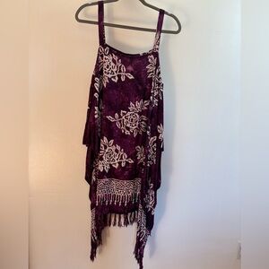 Pineapple Moon Purple Floral Bhatik Cold-Shoulder Hawaiian Midi Dress OS